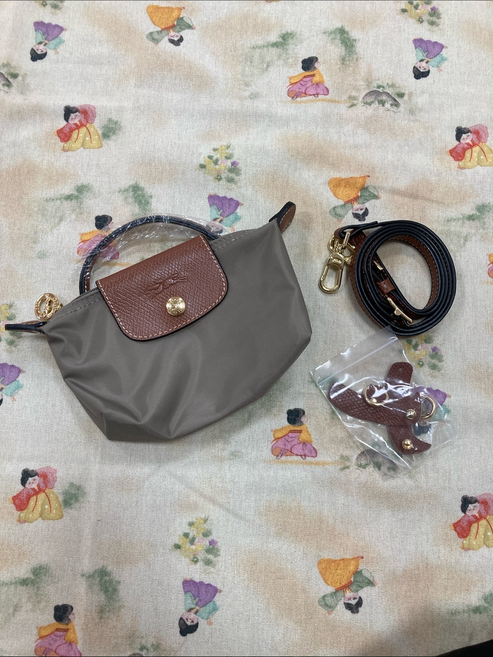 Longchamp Mini Crossbody in Taupe with Brown Leather Trim